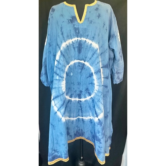 Bitter Apple Other - Bitter Apple Blue Tie Dye Cotton Kaftan Cover up Tunic Gold Trim Womens Large